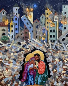 An icon image of Jesus Mary and Joseph in the rubble of Jerusalem by Kelly Latimore